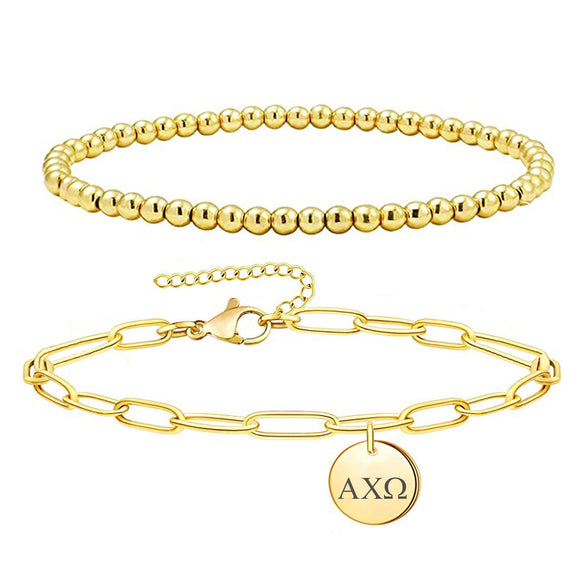 Alpha Chi Omega Paperclip and Beaded Bracelet Gold Filled
