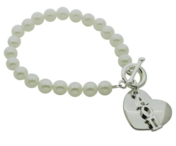 Alpha Omicron Pi Pearl Sorority Bracelet with Heart on Toggle Clasp - DKGifts.com