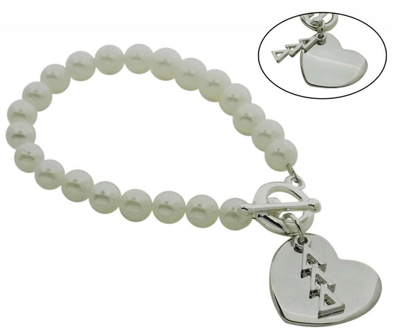 Tri Delta Delta Delta Pearl Sorority Bracelet with Heart on Toggle Clasp - DKGifts.com